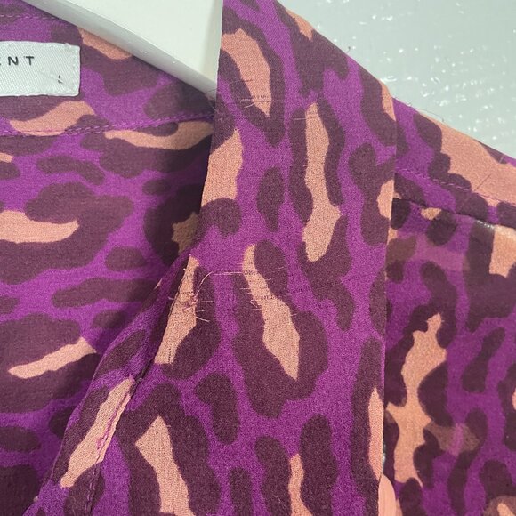 Equipment Femme Women L Purple Tan Animal Print Blouse Silk Sheer Button Front - Picture 6 of 10